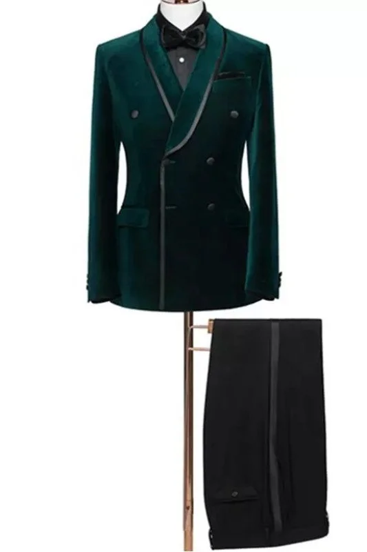 Juan Dark Green Velvet Double Breasted Shawl Lapel Wedding Suit