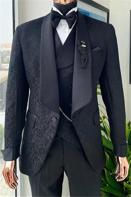 Nathan Black Chic Jacquard Three Pieces Bespoke Wedding Men Suits