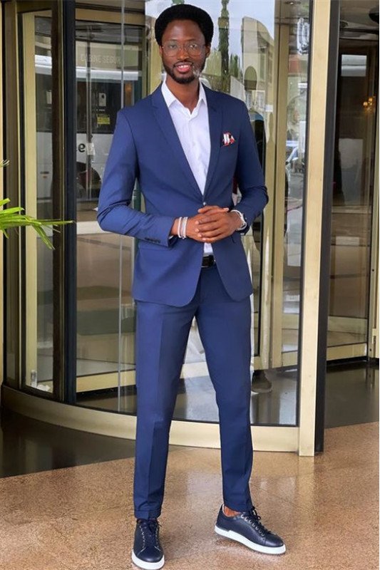 Classic Navy Blue Slit Fit Notched Lapel Two Pieces Bespoke Men Suit