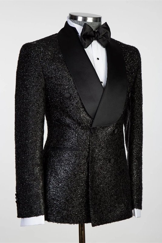 New Arrival Black Double Breasted Close Fitting Sparkly Wedding Suits