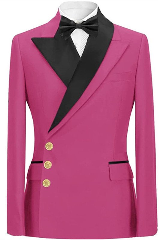 John Fuchsia Peaked Lapel Slim Fit Two Pieces Men Suit with Gold Buttons