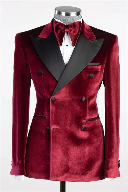 Isaac Red Velvet Double Breasted Slim Men Suit for Prom