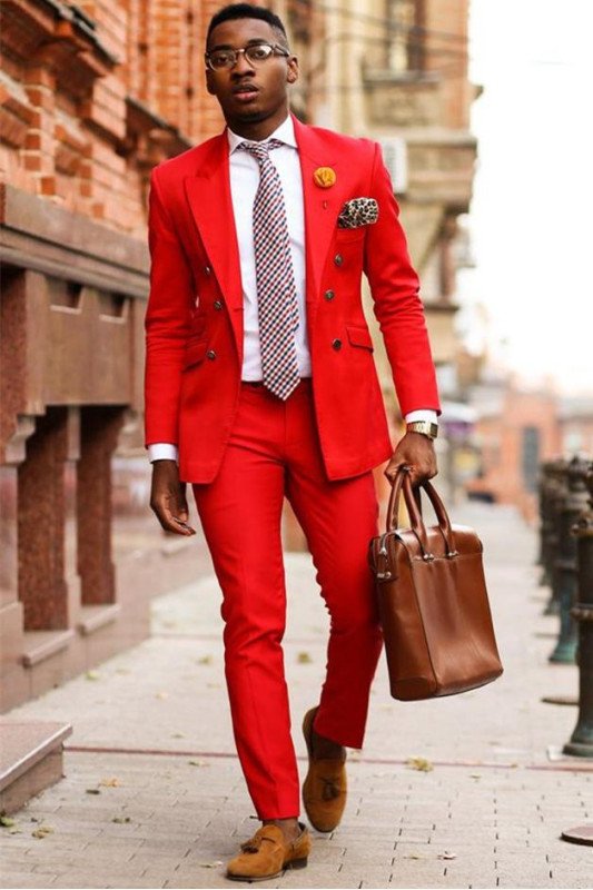 New Arrival Red Double Breasted Peaked Lapel Prom Men Suits