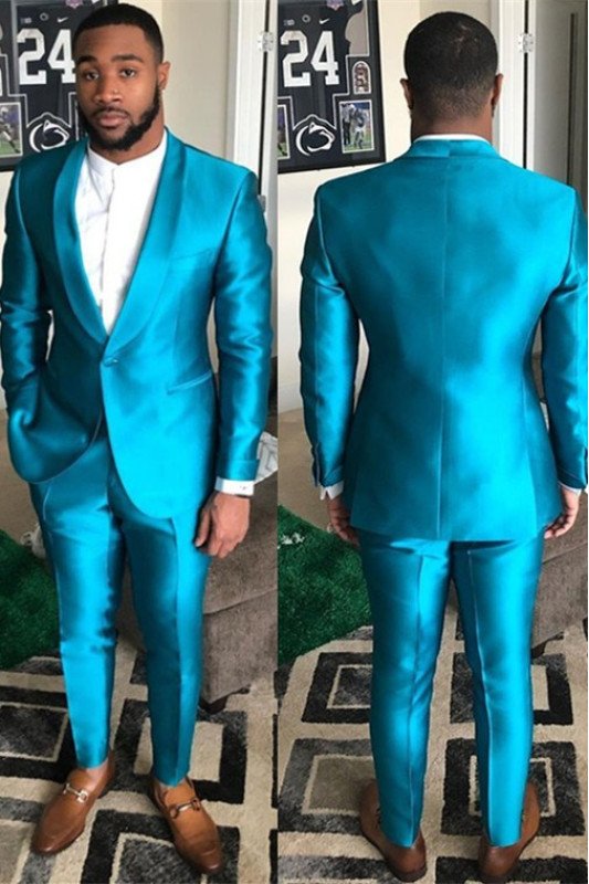 Sparkly Blue Shawl Lapel One buttons Best Fitted Men Suits for Prom