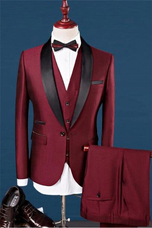 Dar Red Shawl Lapel Wedding Tuxedos | Dress Prom Men Suits with 3 Pieces