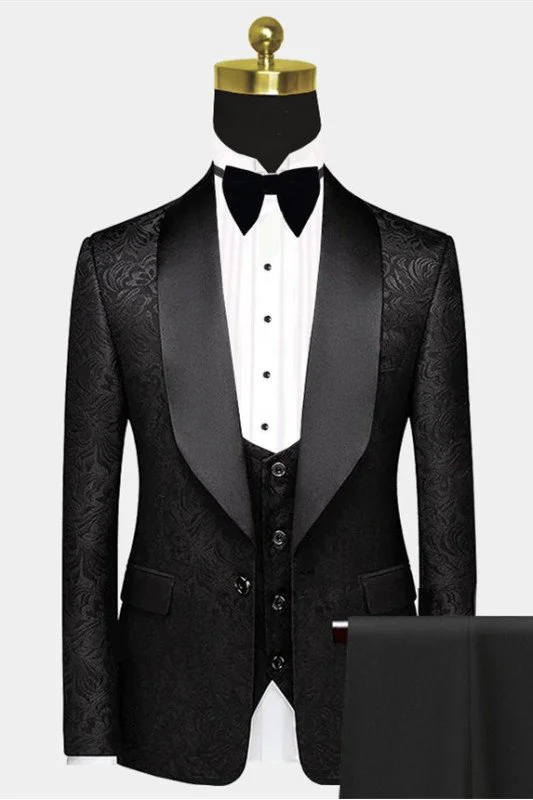 Black Satin Shawl Lapel Prom Suits | One Button Chic Jacquard Wedding ...