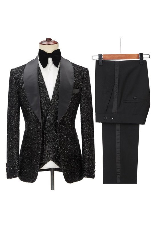 Latest Sparkly Black 3-Piece Shawl Lapel Bespoke Wedding Suit for Men