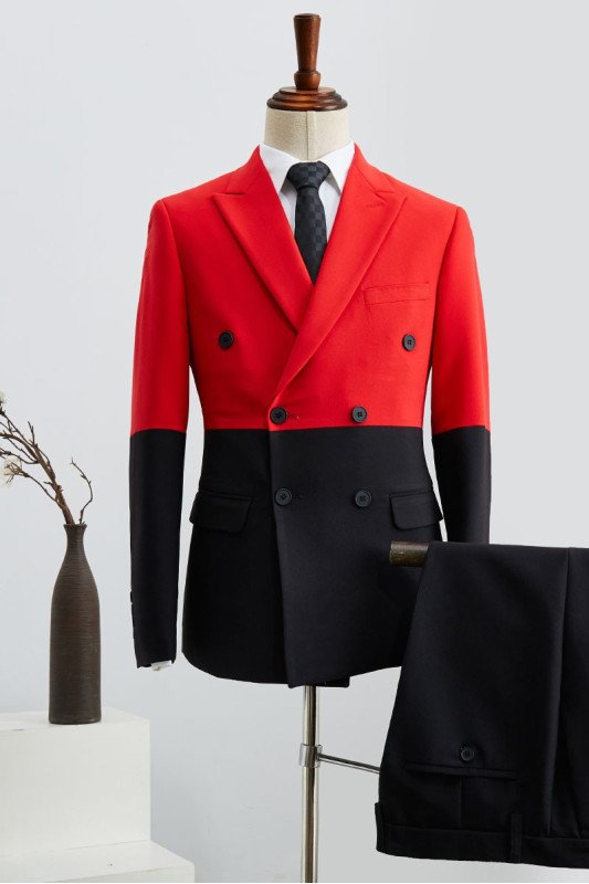 Unique Black And Red Peaked Lapel Double Breasted Prom Suit