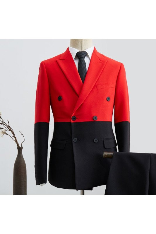 Unique Black And Red Peaked Lapel Double Breasted Prom Suit