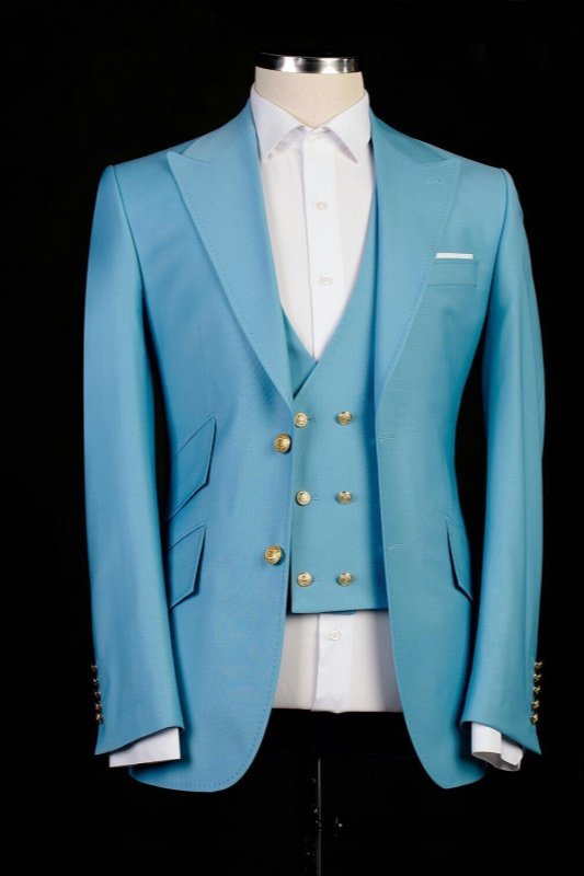 Cash Sky Blue Peaked Lapel Three Pieces Wedding Men Suits