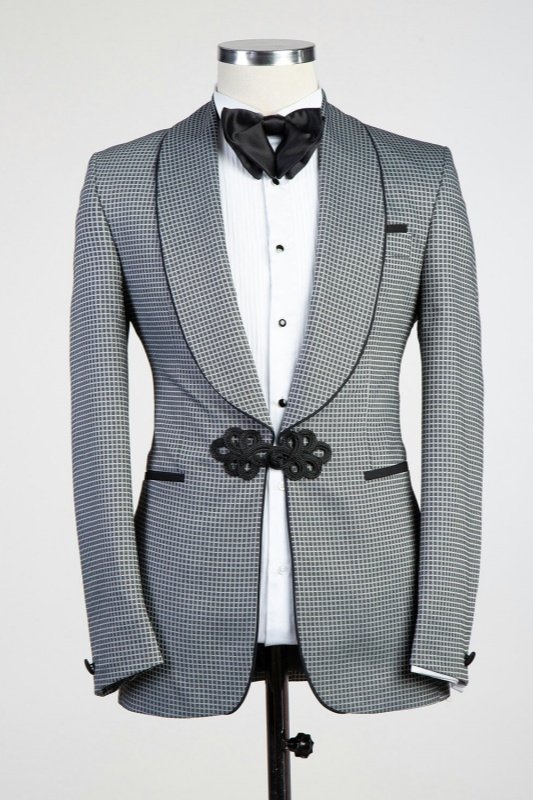 Fitzgerald Fashion Gray Shawl Lapel Plaid Wedding Men Suits