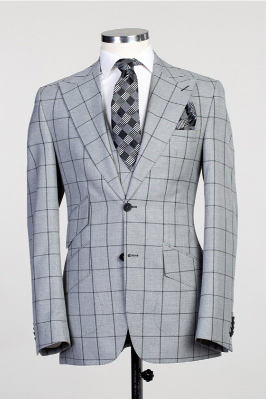 Jeremy Gray Peaked Lapel Plaid Three Pieces Wedding Men Suits