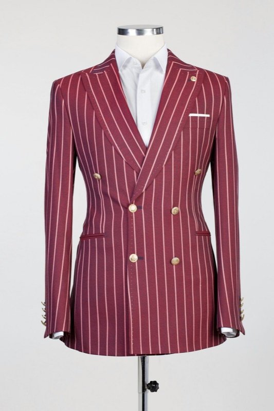 Nigel Burgundy Peaked Lapel Double Breasted Striped Men Suits