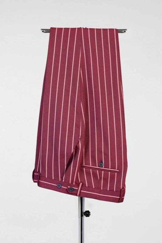 Nigel Burgundy Peaked Lapel Double Breasted Striped Men Suits