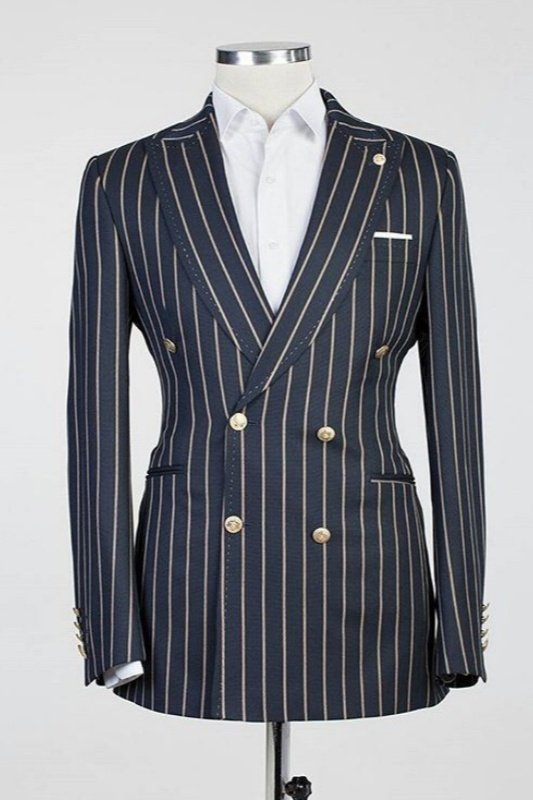 Perry Dark Navy Peaked Lapel Double Breasted Striped Men Suits