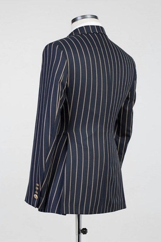 Perry Dark Navy Peaked Lapel Double Breasted Striped Men Suits