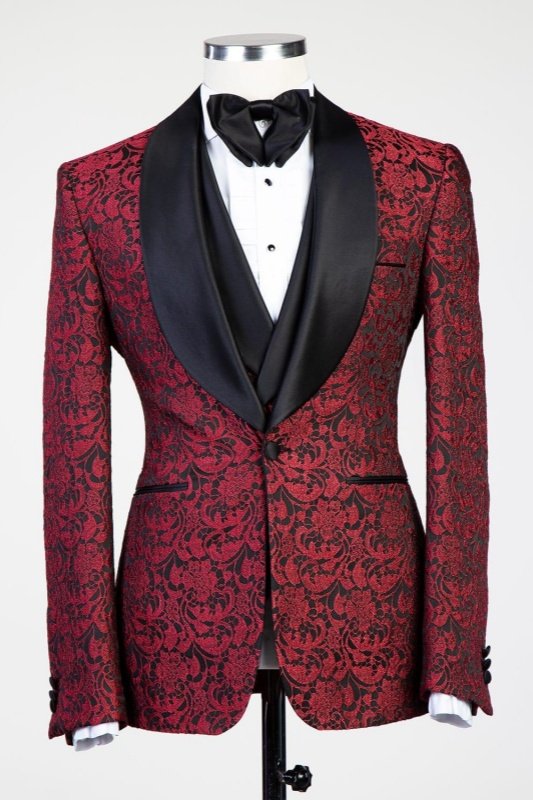 Shelton Burgundy Shawl Lapel Three Pieces Jacquard Wedding Men Suits