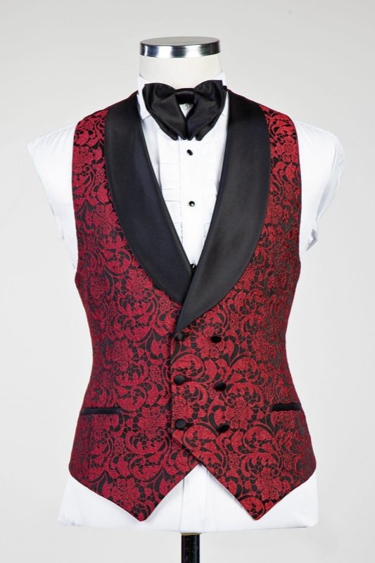 Shelton Burgundy Shawl Lapel Three Pieces Jacquard Wedding Men Suits