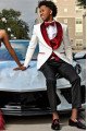 Dillon White Jacquard Three Pieces Wedding Men Suits With Red Velvet Shawl Lapel 