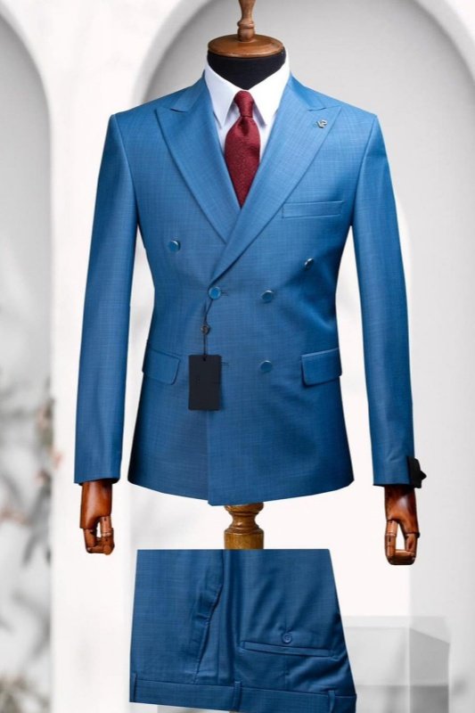 Beck Ocean Blue Peaked Lapel Double Breasted Men Suits