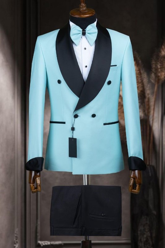 Dunn Sky Blue Shawl Lapel Double Breasted Men Suits