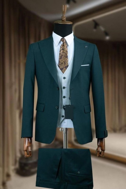 Zebulon Dark Green Peaked Lapel Three Pieces Business Men Suits