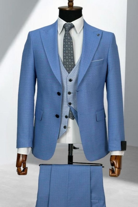 York Sky Blue Peaked Lapel Three Pieces Business Men Suits