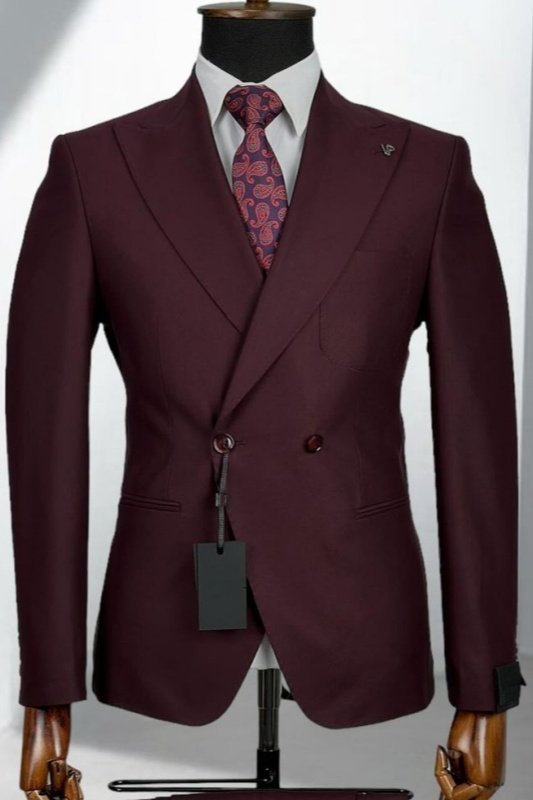 Grover Burgundy Peaked Lapel Double Breasted Business Men Suits