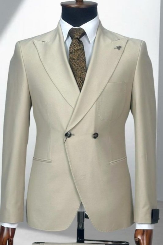 Hunter Khaki Peaked Lapel Double Breasted Business Men Suits