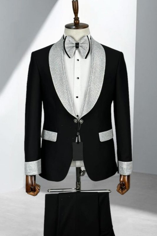 Alvis Black Wedding Men Suits With Sequins Shawl Lapel 