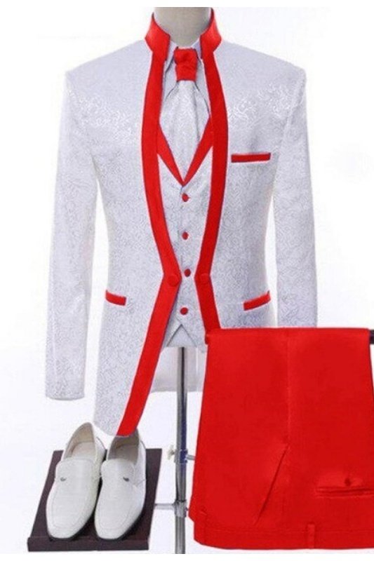 Ahern White Jacquard Three Pieces Wedding Men Suits With Red Shawl Lapel