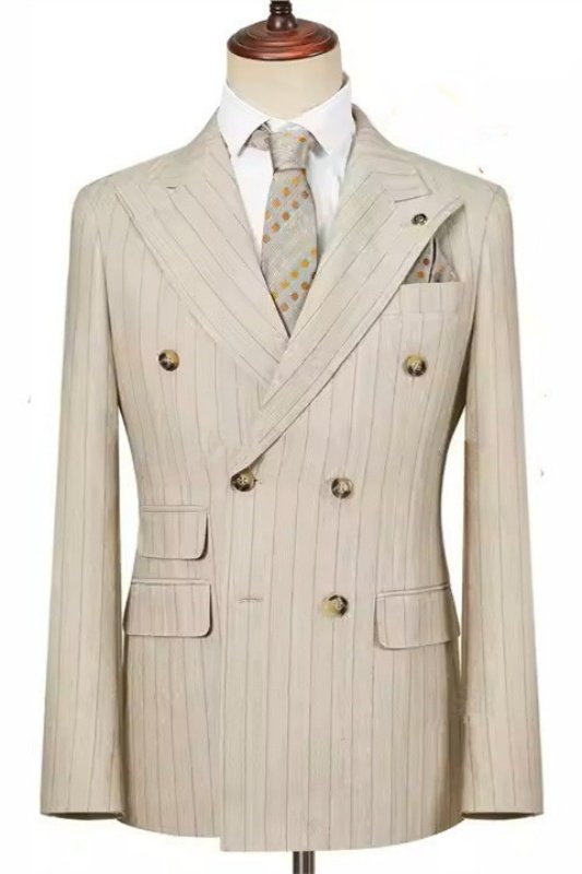 Adolph Khaki Peaked Lapel Double Breasted Striped Business Men Suits