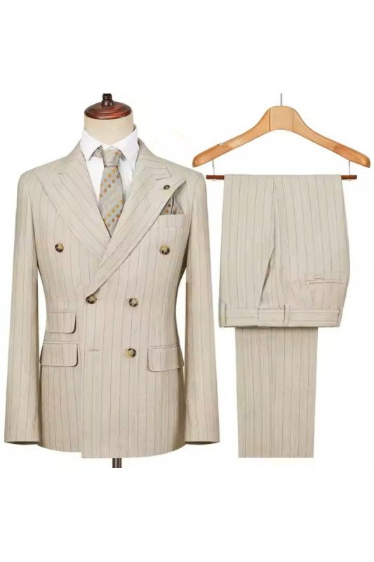 Adolph Khaki Peaked Lapel Double Breasted Striped Business Men Suits