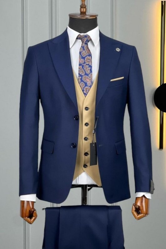 Meredith Blue Peaked Lapel Three Pieces Business Men Suits