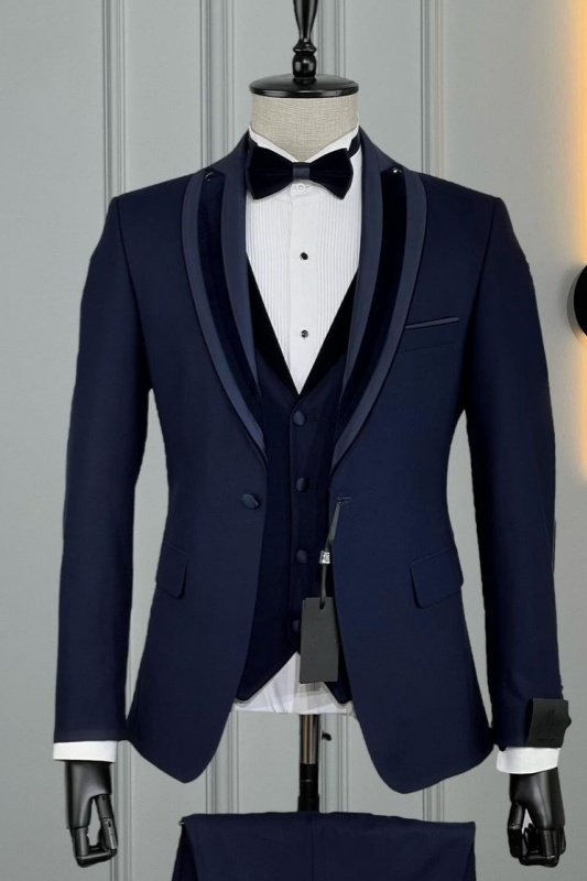 Amber Chic Dark Navy Shawl Lapel Three Pieces Wedding Men Suits