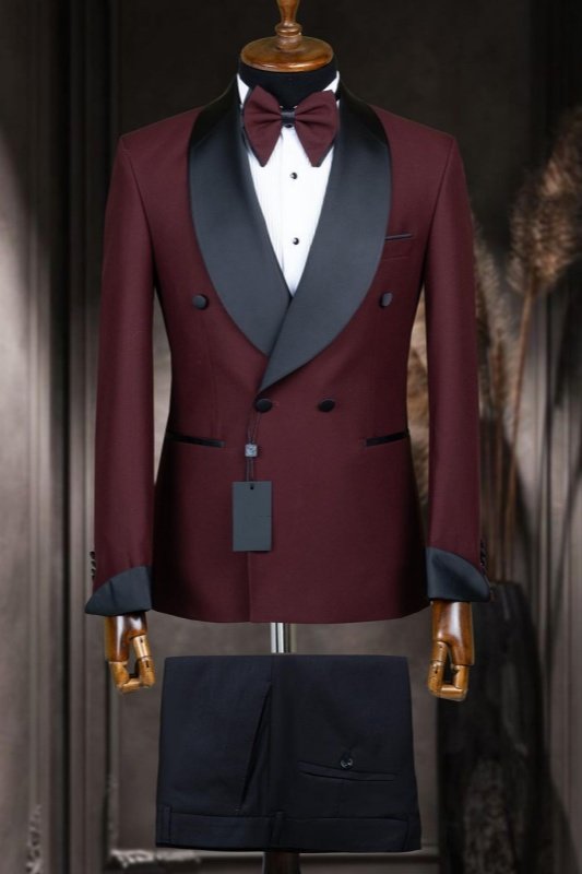 Larry Burgundy Shawl Lapel Double Breasted Wedding Men Suits