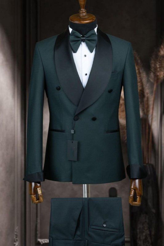 Nathaniel Dark Green Shawl Lapel Double Breasted Wedding Men Suits