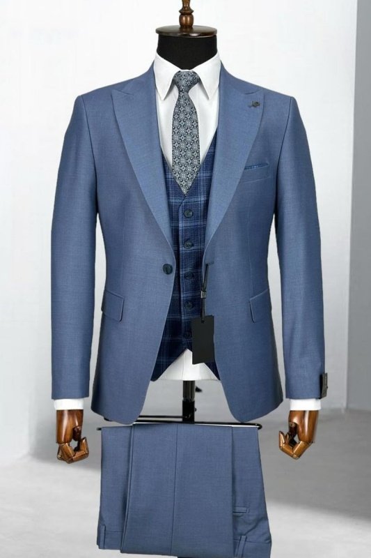 Rhodes Ocean Blue Peaked Lapel Three Pieces Business Men Suits