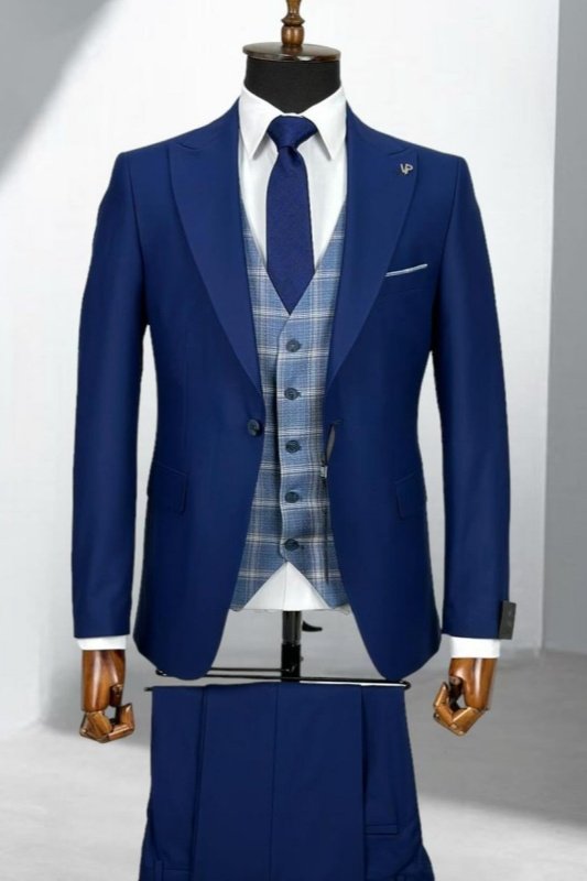 Upton Royal Blue Peaked Lapel Three Pieces Business Men Suits