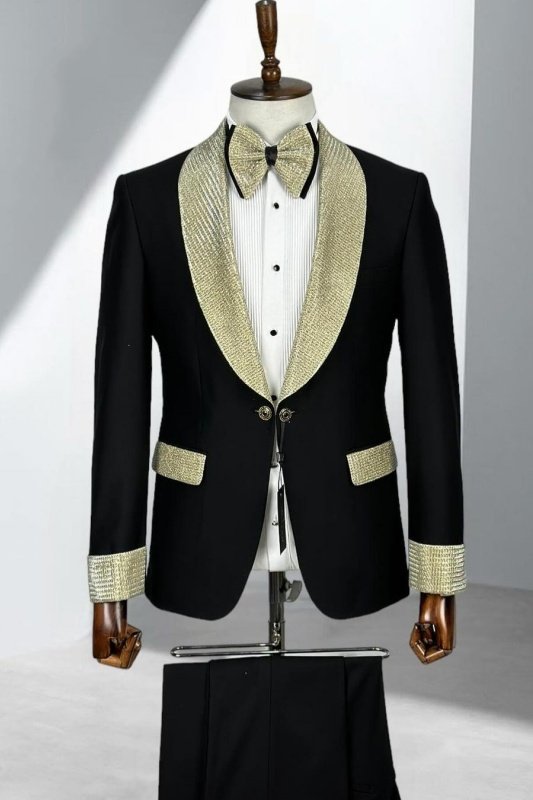 Ed Black Wedding Men Suits With Champagne Shawl Lapel 