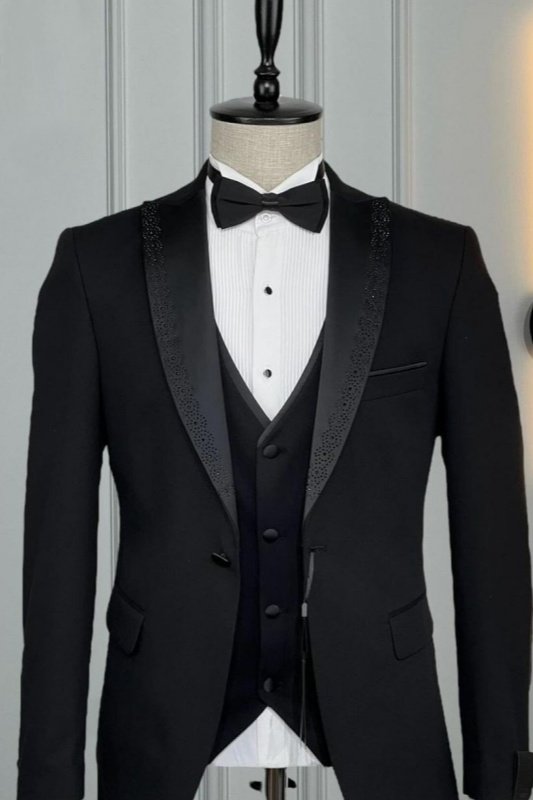 Frederic Black Peaked Lapel Three Pieces Wedding Men Suits