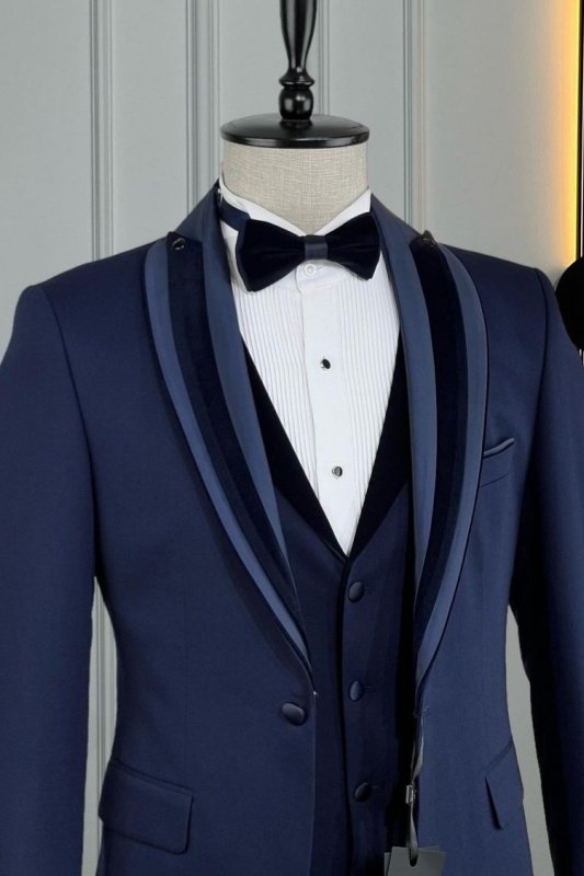 Gary Dark Blue Shawl Lapel Three Pieces Wedding Men Suits