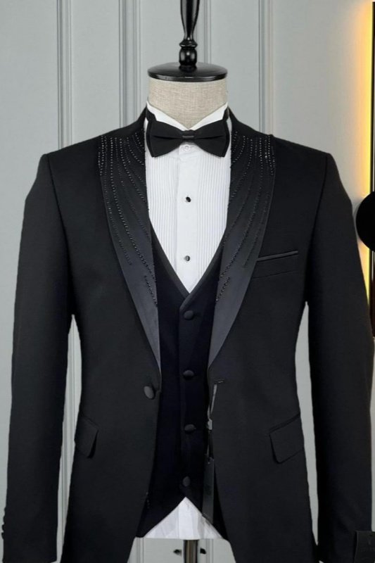 Ira Chic Black Peaked Lapel Three Pieces Wedding Men Suits