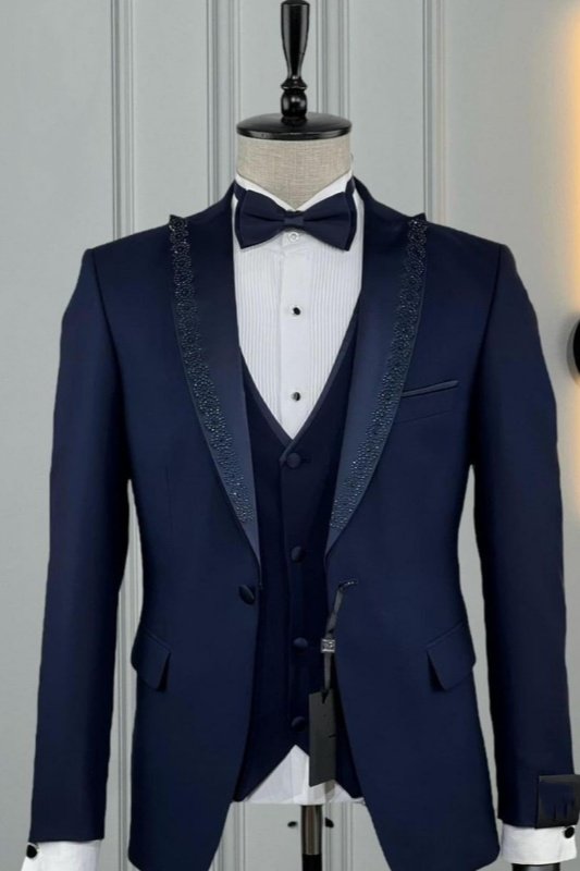 Jaden Dark Blue Peaked Lapel Three Pieces Wedding Men Suits