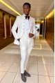 Isaac White Shawl Lapel Jacquard Three Pieces Wedding Men Suits