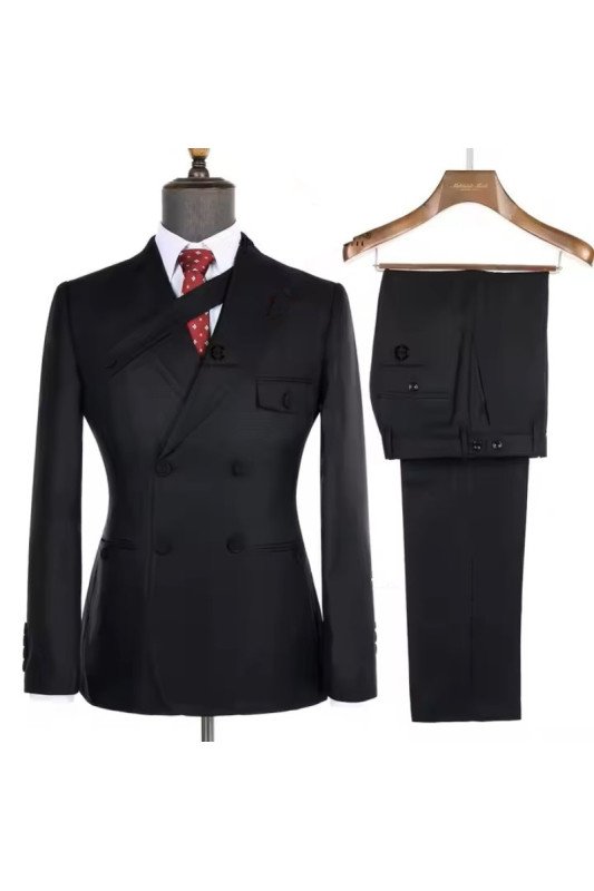 Davis Chic Black Peaked Lapel Double Breasted Business Men Suits