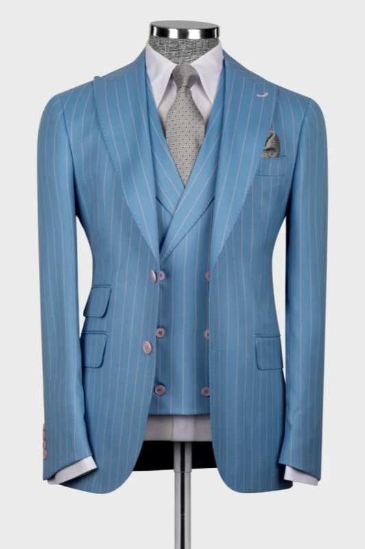 Howar Ocean Blue Striped Peaked Lapel Three Pieces Business Men Suits