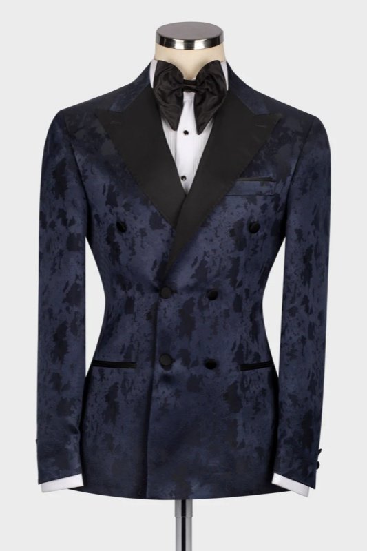 Alfred Dark Navy Jacquard Peaked Lapel Double Breasted Wedding Men Suits