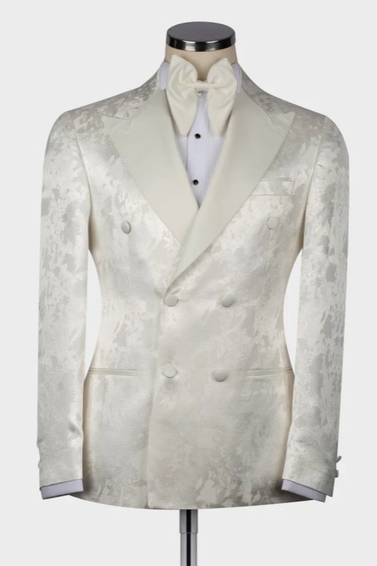 Erica White Jaquard Peaked Lapel Double Breasted Wedding Men Suits