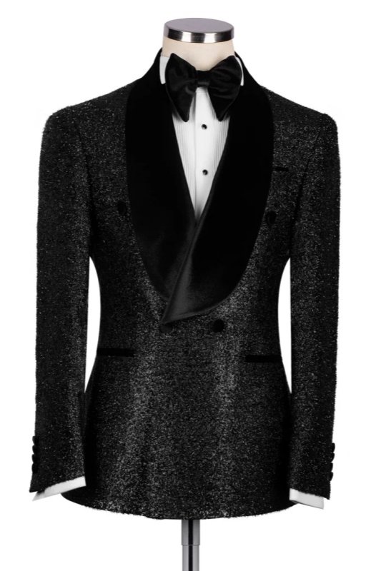 Godfery Black Sequins Double Breasted Wedding Men Suits With Velvet Shawl Lapel 